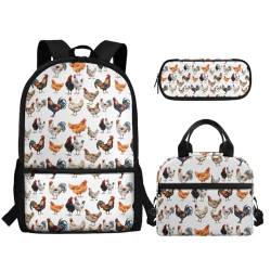 TOADDMOS Rucksack für Kinder, Mädchen, Jungen, Schultasche, Büchertaschen-Set mit Mittagessen, tragbar und Federmäppchen, Entzückendes Huhn, Rucksack, Rucksäcke von TOADDMOS