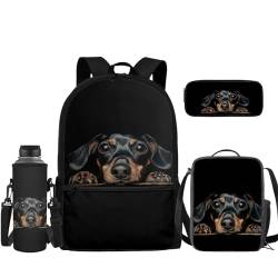 TOADDMOS Rucksack für Mädchen, Jungen, Kinder, Schultaschen-Set mit Lunchtasche, Federmäppchen, Wasserflaschenhülle, 4-in-1, Dackel Hund, Rucksack Backpacks von TOADDMOS