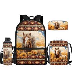 TOADDMOS Rucksack für Mädchen, Jungen, Kinder, Schultaschen-Set mit Lunchtasche, Federmäppchen, Wasserflaschenhülle, 4-in-1, Southwest Aztec Pferd Sonnenblume, Rucksack, Rucksäcke von TOADDMOS