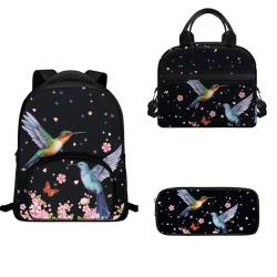 TOADDMOS Schulranzen-Set für Vorschule, Kindergarten, Schulranzen, 3-teilig, Kinder-Rucksack, Lunch-Tasche, Federmäppchen, Kolibri Blume, Schulranzen-Set von TOADDMOS