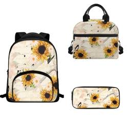 TOADDMOS Schulranzen-Set für Vorschule, Kindergarten, Schulranzen, 3-teilig, Kinder-Rucksack, Lunch-Tasche, Federmäppchen, Musiknoten, Sonnenblume, Schulranzen-Set von TOADDMOS