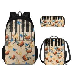 TOADDMOS Schulrucksack-Set für Kinder, 3-in-1, Teenager, Mädchen, Jungen, leichte Büchertasche mit Lunchtasche und Federmäppchen, Klaviertastatur Huhn, Rucksack, Rucksäcke von TOADDMOS