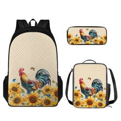 TOADDMOS Schulrucksack-Set für Kinder, 3-in-1, Teenager, Mädchen, Jungen, leichte Büchertasche mit Lunchtasche und Federmäppchen, Sonnenblumen-Huhn, Rucksack, Rucksäcke von TOADDMOS