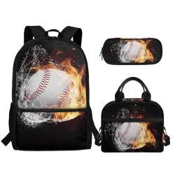 TOADDMOS Schulrucksack-Set für Kinder, 3-in-1, leichte Büchertasche mit tragbarer Stifthalter, Burning Fire Baseballball, Rucksack, Rucksäcke von TOADDMOS