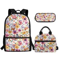 TOADDMOS Schulrucksack-Set für Kinder, 3-in-1, leichte Büchertasche mit tragbarer Stifthalter, Farbe: Blumen., Rucksack, Rucksäcke von TOADDMOS