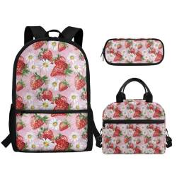 TOADDMOS Schulrucksack-Set für Kinder, 3-in-1, leichte Büchertasche mit tragbarer Stifthalter, erdbeere, Rucksack Backpacks von TOADDMOS