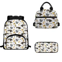 TOADDMOS Schulrucksack-Set für Kinder, Mädchen, Jungen, 3-teilig, Büchertasche, isolierte Lunchtasche und Stifthalter, Katzenpuzzle, Schulranzen-Set von TOADDMOS