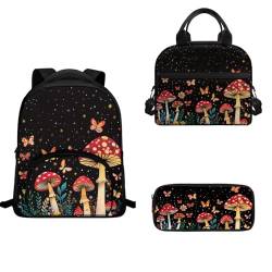 TOADDMOS Schulrucksack-Set für Kinder, Mädchen, Jungen, 3-teilig, Büchertasche, isolierte Lunchtasche und Stifthalter, Pilz-Schmetterling, Schulranzen-Set von TOADDMOS