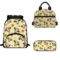 TOADDMOS Schulrucksack-Set für Kinder, Mädchen, Jungen, 3-teilig, Büchertasche, isolierte Lunchtasche und Stifthalter, Sonnenblumenkuh, Schulranzen-Set von TOADDMOS