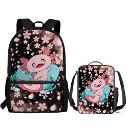 TOADDMOS Schulrucksack für Kinder, Mädchen, Jungen, 2-teiliges Schulter-Büchertaschen-Set, Pflaumenblüten Axolotl, Rucksack, Rucksäcke von TOADDMOS