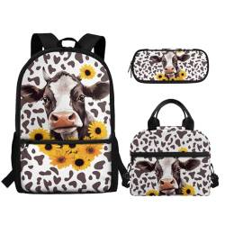 TOADDMOS Schulrucksack für Mädchen und Jungen, große Kapazität, Schultasche mit Lunchbox, Federmäppchen, 3 Stück, Sonnenblumenkuh, Rucksack, Rucksäcke von TOADDMOS