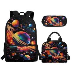 TOADDMOS Schulrucksack für Mädchen und Jungen, große Kapazität, Schultasche mit Lunchbox, Federmäppchen, 3 Stück, Universum Space Planet, Rucksack, Rucksäcke von TOADDMOS