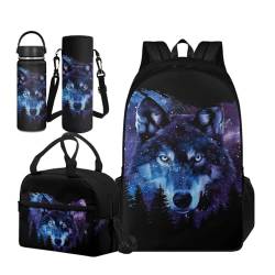 TOADDMOS Schultasche für Mädchen, Jungen, Schultasche, 4 Stück, Büchertasche mit Lunchpaket, tragbare Wasserflaschenhülle, Edelstahl-Wasserflasche, Galaxy Wolf, L, Schulranzen-Set von TOADDMOS