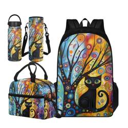 TOADDMOS Schultasche für Mädchen, Jungen, Schultasche, 4 Stück, Büchertasche mit Lunchpaket, tragbare Wasserflaschenhülle, Edelstahl-Wasserflasche, Schwarzer Kratzbaum, L, Schulranzen-Set von TOADDMOS