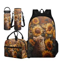 TOADDMOS Schultasche für Mädchen, Jungen, Schultasche, 4 Stück, Büchertasche mit Lunchpaket, tragbare Wasserflaschenhülle, Edelstahl-Wasserflasche, Sonnenblumenkatze, L, Schulranzen-Set von TOADDMOS