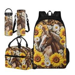 TOADDMOS Schultasche für Mädchen, Jungen, Schultasche, 4 Stück, Büchertasche mit Lunchpaket, tragbare Wasserflaschenhülle, Edelstahl-Wasserflasche, Sonnenblumenpferd, L, Schulranzen-Set von TOADDMOS