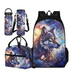TOADDMOS Schultasche für Mädchen, Jungen, Schultasche, 4 Stück, Büchertasche mit Lunchpaket, tragbare Wasserflaschenhülle, Edelstahl-Wasserflasche, Universum Space Wolf, L, Schulranzen-Set von TOADDMOS