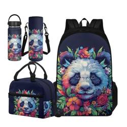 TOADDMOS Schultaschen-Set für Kinder, 4-teilig, Büchertasche mit isolierter Lunchtasche, tragbarer Wasserflasche und isolierter Wasserflasche, Panda-Blume, Large Water Bottle, Schulranzen-Set von TOADDMOS