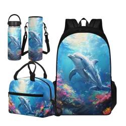 TOADDMOS Schultaschen-Set für Kinder, 4-teilig, Büchertasche mit isolierter Lunchtasche, tragbarer Wasserflasche und isolierter Wasserflasche, Undersea Dolphin, Large Water Bottle, Schulranzen-Set von TOADDMOS