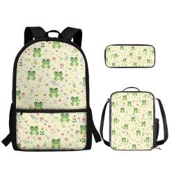 TOADDMOS Schultaschen-Set für Kinder, Mädchen, Jungen, Grundschüler, Büchertasche mit Lunchtasche, Federmäppchen, 3-in-1, Frosch-Puzzle, Rucksack, Rucksäcke von TOADDMOS