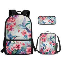 TOADDMOS Schultaschen-Set für Kinder, Mädchen, Jungen, Grundschüler, Büchertasche mit Lunchtasche, Federmäppchen, 3-in-1, Kolibri Blume, Rucksack, Rucksäcke von TOADDMOS