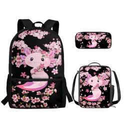 TOADDMOS Schultaschen-Set für Kinder, Mädchen, Jungen, Grundschüler, Büchertasche mit Lunchtasche, Federmäppchen, 3-in-1, Pflaumenblüten Axolotl, Rucksack, Rucksäcke von TOADDMOS