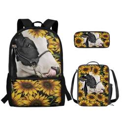 TOADDMOS Schultaschen-Set für Kinder, Mädchen, Jungen, Grundschüler, Büchertasche mit Lunchtasche, Federmäppchen, 3-in-1, Sonnenblumenkuh, Rucksack, Rucksäcke von TOADDMOS