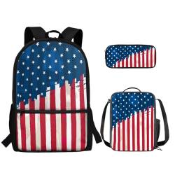 TOADDMOS Schultaschen-Set für Kinder, Mädchen, Jungen, Grundschüler, Büchertasche mit Lunchtasche, Federmäppchen, 3-in-1, usa-flagge, Rucksack, Rucksäcke von TOADDMOS