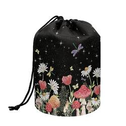 TOADDMOS Stylischer Druck Kordelzug Make-up Tasche Reise Kosmetiktasche Tragbare Toilettenartikel Organizer für Frauen Mädchen, Pilz Libelle Floral, Einheitsgröße, Beauty Case von TOADDMOS