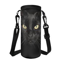 TOADDMOS Wasserflasche Sling Case Bag Carrier Holder, 750ML 1000ML Dog Paw Heart Drawstring Neoprene Water Bottle Sleeve Cover Pouch for Men Women, schwarze katze von TOADDMOS