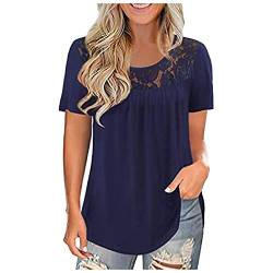 TOALOL Plus Size Sommerbluse Damen Kurzarm Spitzentop Patchwork Oberteil Blusenshirt T-Shirts Frühling Schöne Elegant Basic Shirt Tunika Party Lässig Streetwear Schicke Blusen (Marine, XXL) von TOALOL