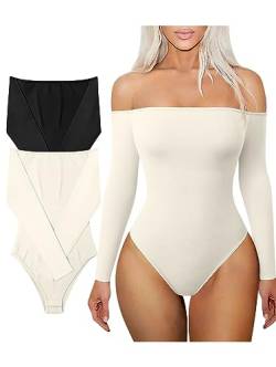 TOB Damen 2 Stück Bodys Sexy Gerippt One Neck Langarm Tops Yoga Bodys, Schwarz, Beige, L von TOB