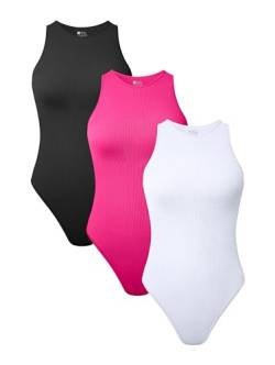 TOB Damen 3 Stück Bodys Sexy Gerippt Ärmellos Neckholder Shapewear Bodys, Schwarz Pitaya-pink Weiß, XL von TOB