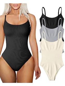 TOB Damen 3 Stück Bodys Sexy Gerippt Verstellbar Spaghetti Streifen Ärmellos Tops Shapewear Bodys, Schwarz Grau Beige, L von TOB