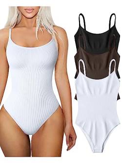 TOB Damen 3 Stück Bodysuits Sexy Gerippte Verstellbare Spaghettiträger Ärmellose Tops Shapewear Bodysuits, Schwarz, Dunkelbraun, Weiß, L von TOB