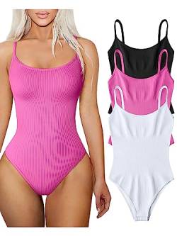 TOB Damen 3 Stück Bodysuits Sexy Gerippte Verstellbare Spaghettiträger Ärmellose Tops Shapewear Bodysuits, Schwarz / Rosa / Weiß, S von TOB