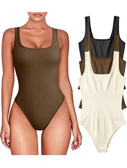 TOB Damen-Body, 3-teilig, sexy, gerippt, ärmellos, quadratischer Ausschnitt, Shapewear Bodysuits, Schwarz, Kaffee, Beige, M von TOB