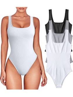 TOB Damen-Body, 3-teilig, sexy, gerippt, ärmellos, quadratischer Ausschnitt, Shapewear Bodysuits, Schwarz Grau Weiß, L von TOB