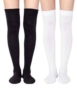 TOCONFFON Damen Over The Knee High Socks Kniestrümpfe, Overknee-Socken, Weiß und Schwarz, 2 Paar, Einheitsgröße von TOCONFFON