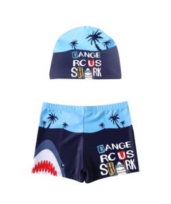 Badeshorts Jungen, Badehose, Schwimmhose, Kinder 3–8 Jahre Alt, Hai Cartoon Muster, Uv-Schutz Shorts mit Stoff Badekappe von TODREMOU