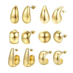 TOEECY 6 Paar Chunky Dupes Ohrringe Vergoldet für Damen Versilbert Dicke Creolen leichte Waterdrop Hollow Open Hoops Hypoallergene Vergoldete Ohrringe Modeschmuck für Frauen und Mädchen (Gold) von TOEECY