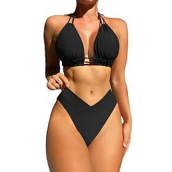 TOEECY Bikini Set Damen Halter Neck Ruched Cut Out Badeanzüge Bademode Zweiteiliger Badeanzug Push Up High Waist Sexy Schwimmanzug Swimsuit (Schwarz,S) von TOEECY