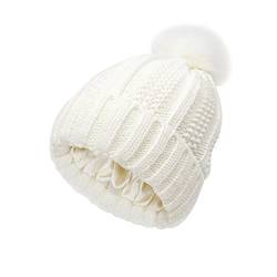 TOEECY Bommelmütze Mütze Damen Winter Warme Beanie Satin Gefüttert Weiche Strickmütze Schützen Frisur Wintermütze Mit Kunstpelz Bommel für Frauen (Weiß) von TOEECY