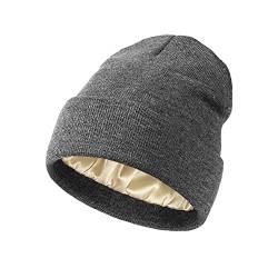 TOEECY Damen Beanie Mütze Warme Wintermütze mit Weichem Satin Gefütterte Slouchy Stretchy Strickmütze Schützen Frisur Feinstrick Mütze Winddicht Cuffed Plain Skull Hat Unisex (Grau) von TOEECY