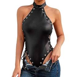 TOEECY Damen Body Ärmellos Lackleder Stretch Bodysuit Unterziehbody Sexy Oberteil Schmal Tops Blusebody (Schwarz,L-XL) von TOEECY