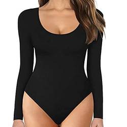 TOEECY Damen Body Langarm Rundhals Knit Stretch Bodysuit Shirts Unterziehbody Elegant Sexy Langarmbody Oberteil Bustier Schmal Bodysuits Tops Bodys (Schwarz,L) von TOEECY