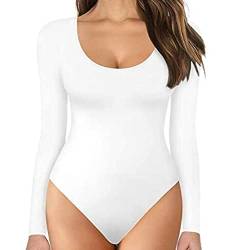 TOEECY Damen Body Langarm Rundhals Knit Stretch Bodysuit Shirts Unterziehbody Elegant Sexy Langarmbody Oberteil Bustier Schmal Bodysuits Tops Bodys (Weiß,L) von TOEECY