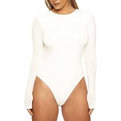 TOEECY Damen Body Langarm Rundhals Knit Stretch Bodysuit Shirts Unterziehbody Elegant Sexy Langarmbody Oberteil Bustier Schmal Bodysuits Tops Bodys Blusebody (Weiß,M) von TOEECY