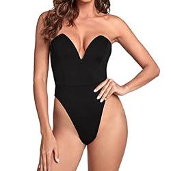 TOEECY Damen Body Sexy Trägerloser Röhrenoberteil Bodysuit Top Sexy V-Ausschnitt Jumpsuit Elegant Ärmelloser Wrap Schmal Bodies Frauen Schwarz Einteilige High Cut Thong Unterwäsche Clubwear (M) von TOEECY