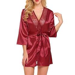 TOEECY Damen Morgenmantel Bademantel Satin Sexy Kimono Kurz Robe V-Ausschnitt Nachtwäsche Leicht Blumenspitze Nachthemd mit String Satin Gürtel für Braut Brautjungfer (Rot,L) von TOEECY